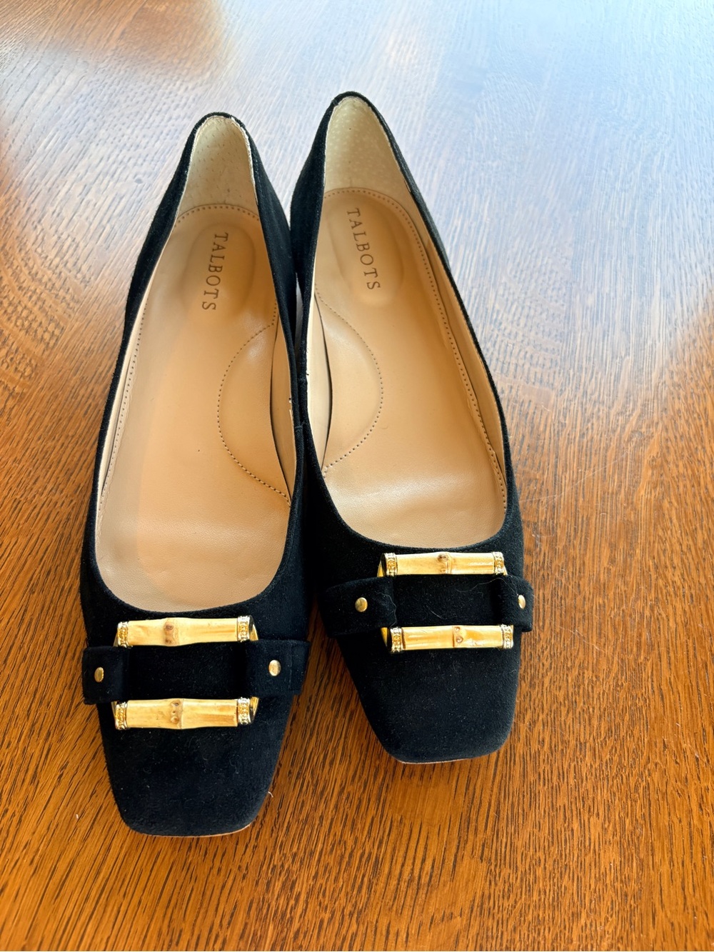 Talbots Black Suede Flats with Gold Bamboo Accent